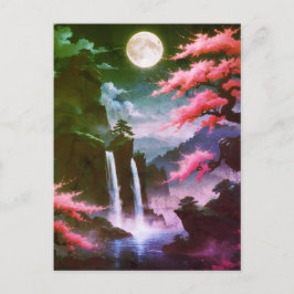 Sakora tree-Moonlit Waterfall with Cherr-pink ポストカード