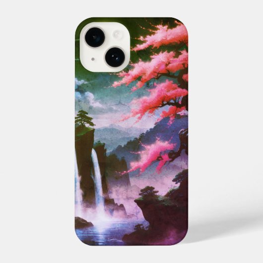 Sakora tree-Moonlit Waterfall with Cherr-pink iPhoneケース (裏面)