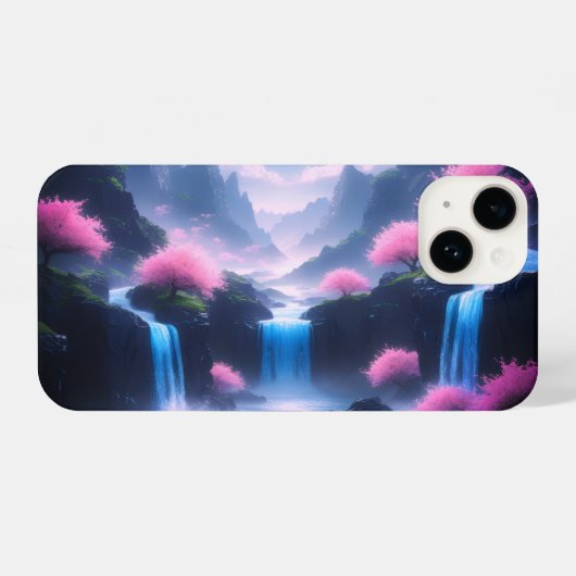 Sakora tree-Moonlit Waterfall with Cherr-pink iPhoneケース (裏面横)