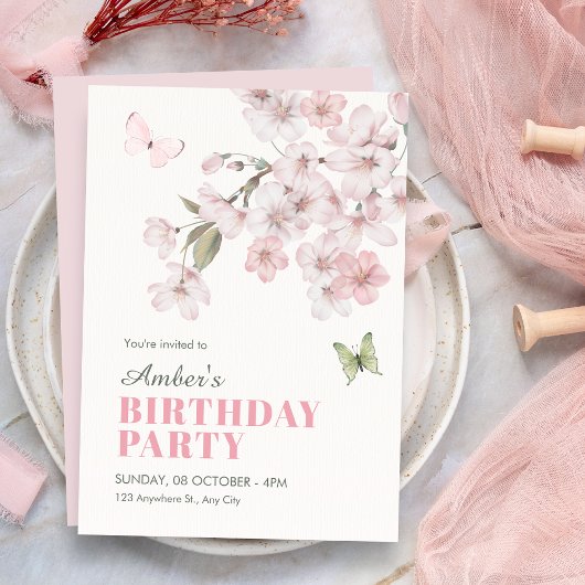 Sakura flowers bloom birthday 招待状