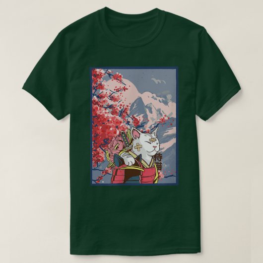 Sakura Samurai Cat Mountain Aesthetic Anime Japane Tシャツ (デザイン正面)