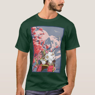 Sakura Samurai Cat Mountain Aesthetic Anime Japane Tシャツ