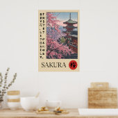 Sakura Temple Print Japanese Pagoda, Cherry ポスター (キッチン)