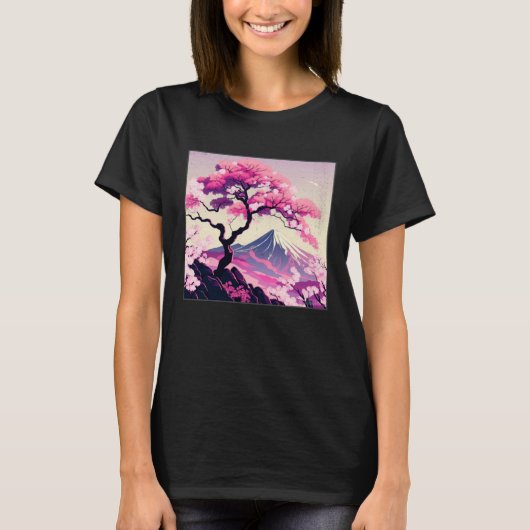 Sakura Tree Cherry Blossom Illustration Scenery Wo Tシャツ (正面)