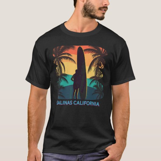 Salinas California Palm Tree Surfboard Surfer Surf Tシャツ (正面)