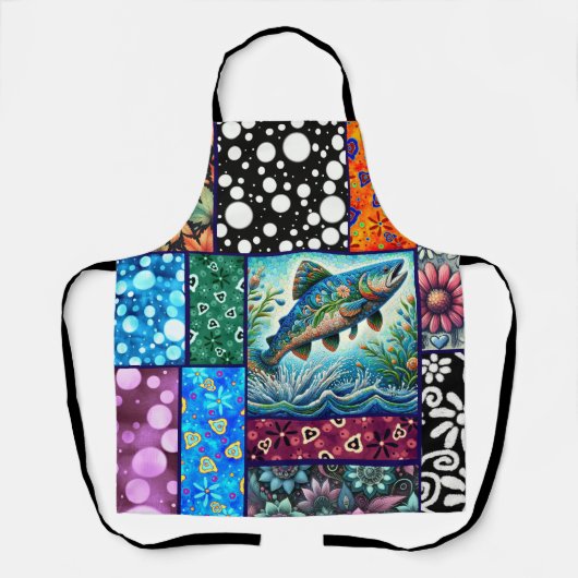 Salmon Crazy Quilt Floral Whimsical Colorful エプロン (正面)