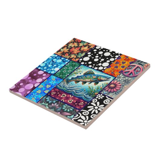 Salmon Crazy Quilt Floral Whimsical Colorful タイル (側面)