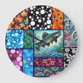 Salmon Crazy Quilt Floral Whimsical Colorful ラージ壁時計 (正面)