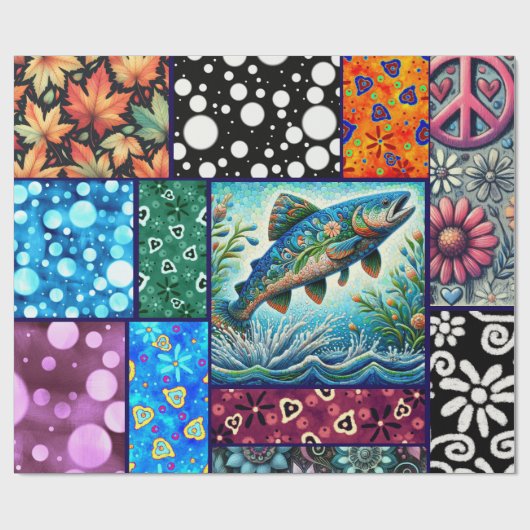 Salmon Crazy Quilt Floral Whimsical Decoupage ラッピングペーパー (フラット)
