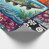 Salmon Crazy Quilt Floral Whimsical Decoupage ラッピングペーパー (角)