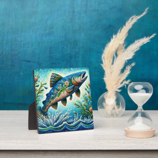 Salmon Jumping Mosaic Floral Blue Green Peach フォトプラーク (インサイチュ)