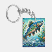 Salmon Jumping Mosaic Floral Blue Personalized キーホルダー (正面左)