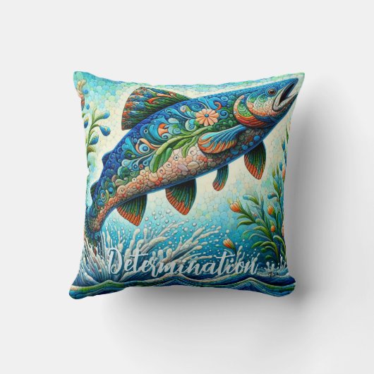 Salmon Jumping Mosaic Floral Blue Personalized クッション (裏面)