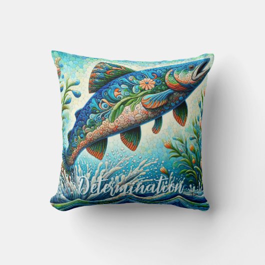 Salmon Jumping Mosaic Floral Blue Personalized クッション (正面)