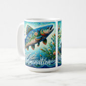 Salmon Jumping Mosaic Floral Blue Personalized コーヒーマグカップ (正面左)