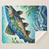 Salmon Jumping Mosaic Floral Blue Personalized シェルパブランケット (正面(横))
