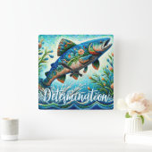 Salmon Jumping Mosaic Floral Blue Personalized スクエア壁時計 (ホーム)