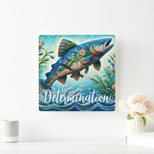 Salmon Jumping Mosaic Floral Blue Personalized スクエア壁時計 (ホーム)