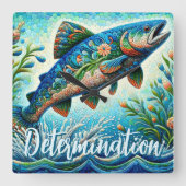 Salmon Jumping Mosaic Floral Blue Personalized スクエア壁時計 (正面)