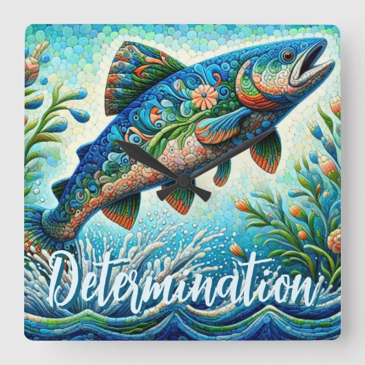 Salmon Jumping Mosaic Floral Blue Personalized スクエア壁時計 (正面)