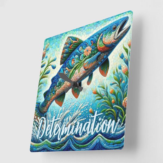 Salmon Jumping Mosaic Floral Blue Personalized スクエア壁時計 (傾斜)