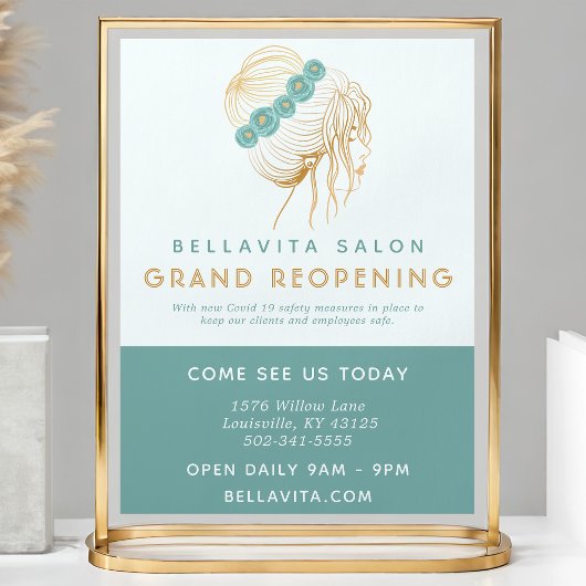 Salon Teal Gold Floral Updo Logo Covid Reopening チラシ