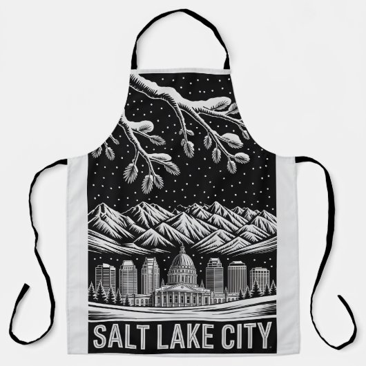 Salt Lake City Skyline Black and White Woodcut  エプロン (正面)
