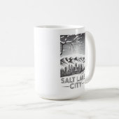 Salt Lake City Skyline Black and White Woodcut  コーヒーマグカップ (正面右)