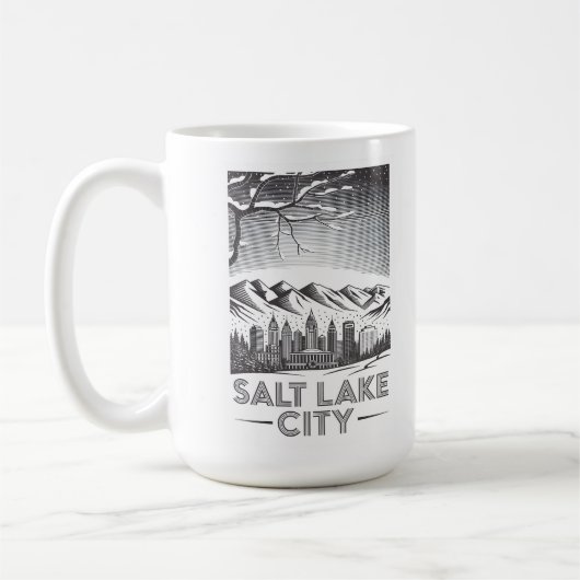 Salt Lake City Skyline Black and White Woodcut  コーヒーマグカップ (左)