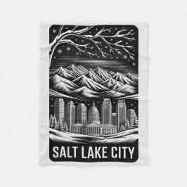 Salt Lake City Skyline Black and White Woodcut  フリースブランケット