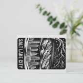 Salt Lake City Skyline Black and White Woodcut ポストカード (スタンド正面)