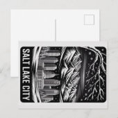 Salt Lake City Skyline Black and White Woodcut ポストカード (正面/裏面)