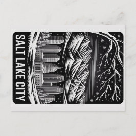 Salt Lake City Skyline Black and White Woodcut  ポストカード