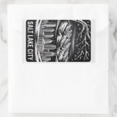 Salt Lake City Skyline Black and White Woodcut  長方形シール (バッグ)