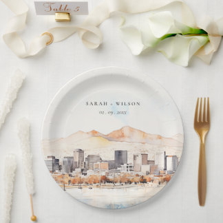 Salt Lake City, Utah Watercolor Landscape Wedding ペーパープレート