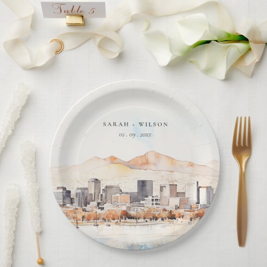 Salt Lake City, Utah Watercolor Landscape Wedding ペーパープレート (ウェディング)