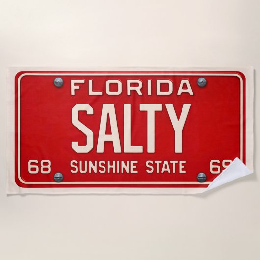 Salty 1969 | Red Retro Florida License Plate Surf ビーチタオル (正面)