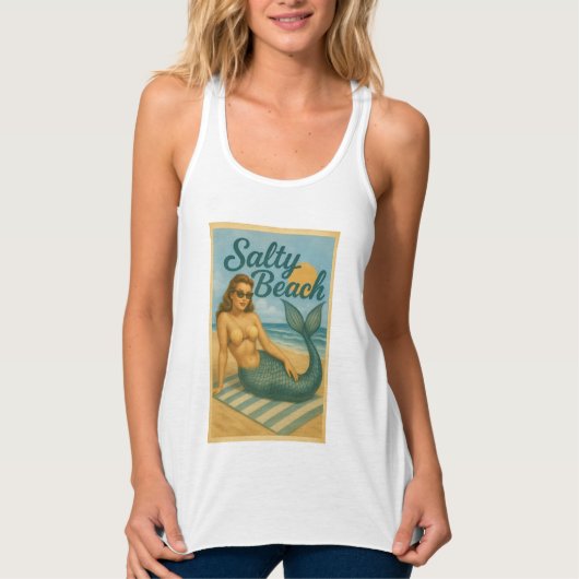 Salty Beach Pin-Up Mermaid | Retro Coastal Graphic タンクトップ (正面)