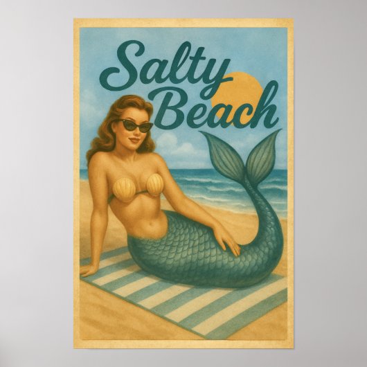 Salty Beach Pin-Up Mermaid -Retro Coastal Life Art ポスター (正面)