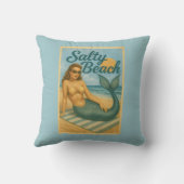 Salty Beach Retro Pin-Up Mermaid Art Coastal Decor クッション (裏面)