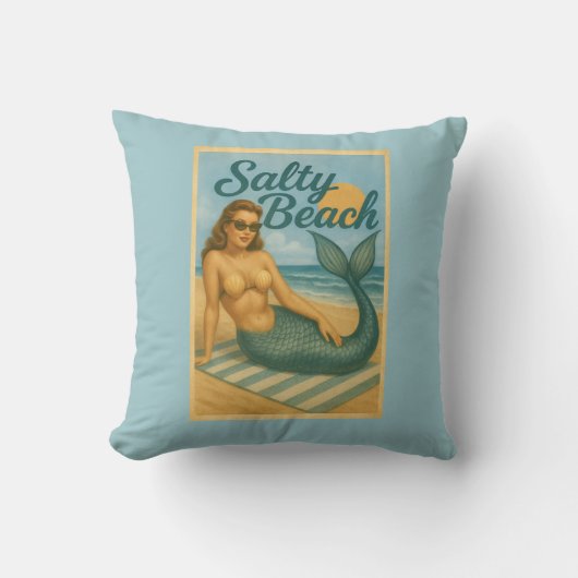Salty Beach Retro Pin-Up Mermaid Art Coastal Decor クッション (正面)