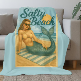 Salty Beach Retro Pin-Up Mermaid Art Funny Coastal フリースブランケット