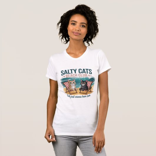 Salty Cats Beach Club、夏休み、面白い猫 Tシャツ (正面フル)