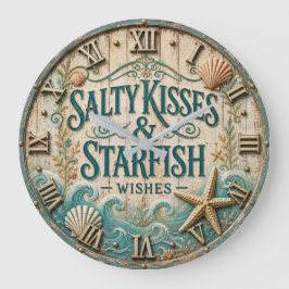 Salty Kisses & Starfish Wishes Coastal Beach House ラージ壁時計