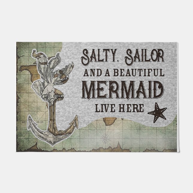 Salty Sailor And A Beautiful Mermaid Live Here ドアマット (正面)