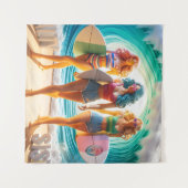 Salty Sisterhood Trio Girls Beach Walk Surfer タペストリー (正面(横))