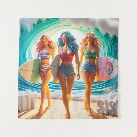 Salty Sisterhood Trio Girls Beach Walk Surfer タペストリー (正面)