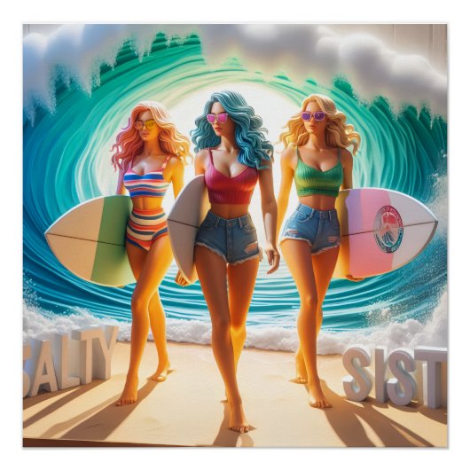 Salty Sisterhood Trio Girls Beach Walk Surfer ポスター (正面)