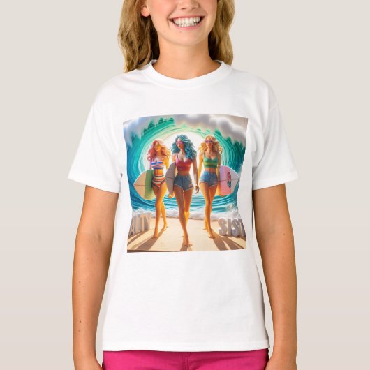 Salty Sisterhood Trio Girls Beach Walk Surfer Tシャツ (正面)