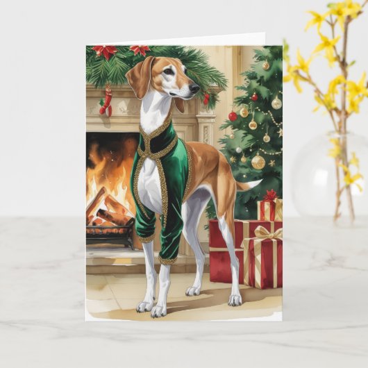 Saluki Dog Christmas Greeting Card カード (黄色い花)